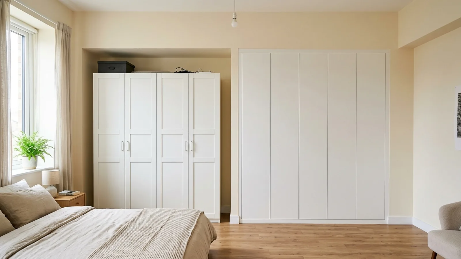 Usporedba IKEA PAX ormara i ugradbenog ormara po mjeri do stropa u istoj spavaćoj sobi